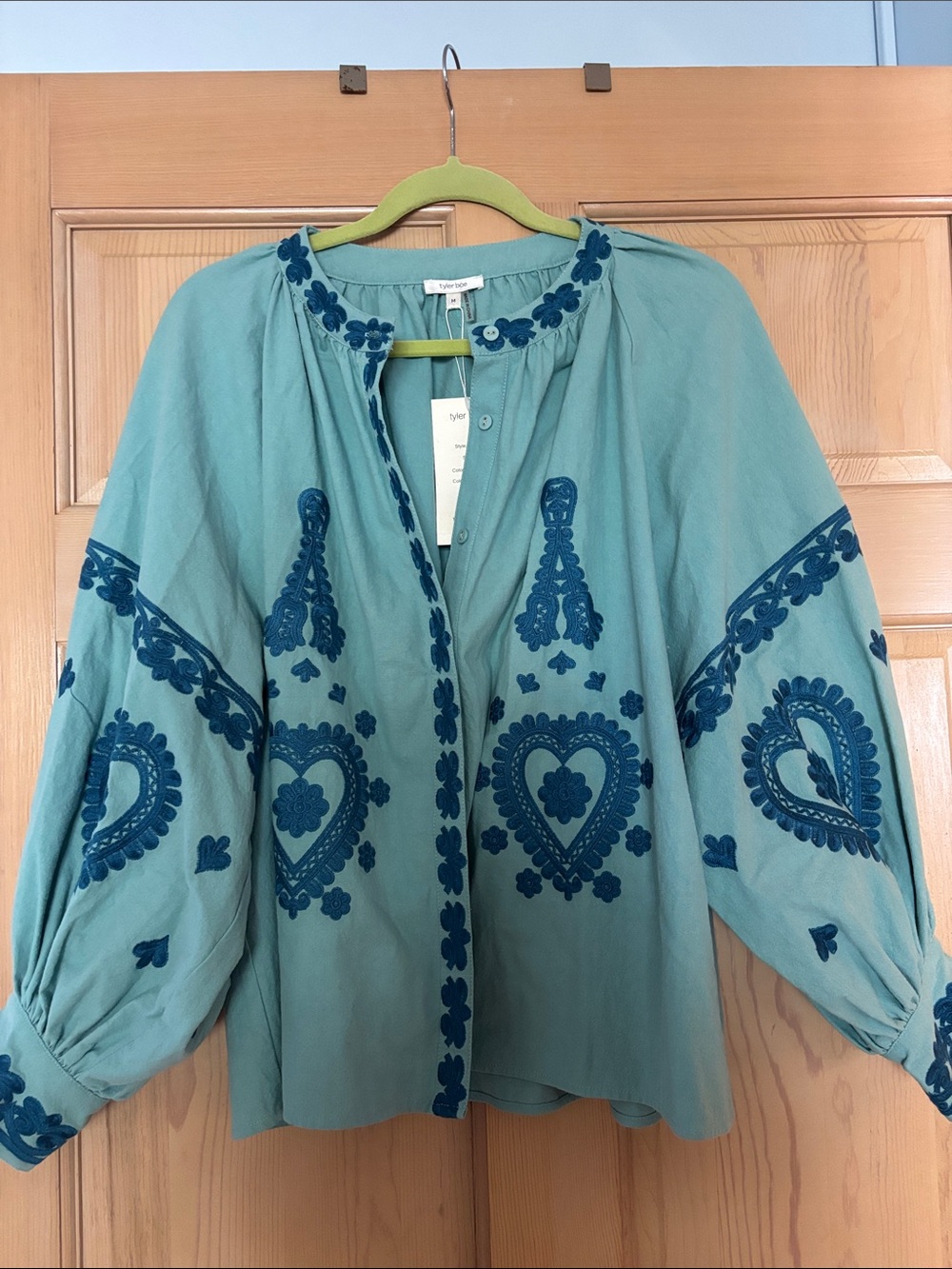 Tyler Boe Teal Embroidered Peasant Blouse